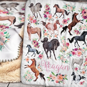 Personalized Horse Baby Blanket - Horse Sherpa Throw Blanket -  Personalized Baby Girl Blanket - Floral Horse Personalized Baby Blanket