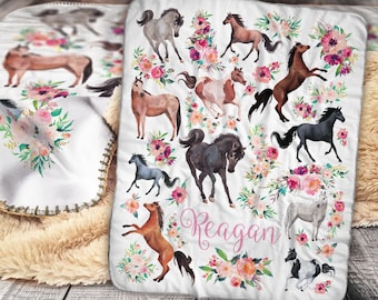 Personalized Horse Baby Blanket - Horse Sherpa Throw Blanket -  Personalized Baby Girl Blanket - Floral Horse Personalized Baby Blanket