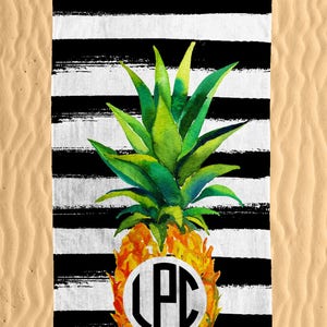 Personalized Pineapple Beach Towel Watercolor Colorful Pineapple Print Monogram 30x60 Beach Towel image 1