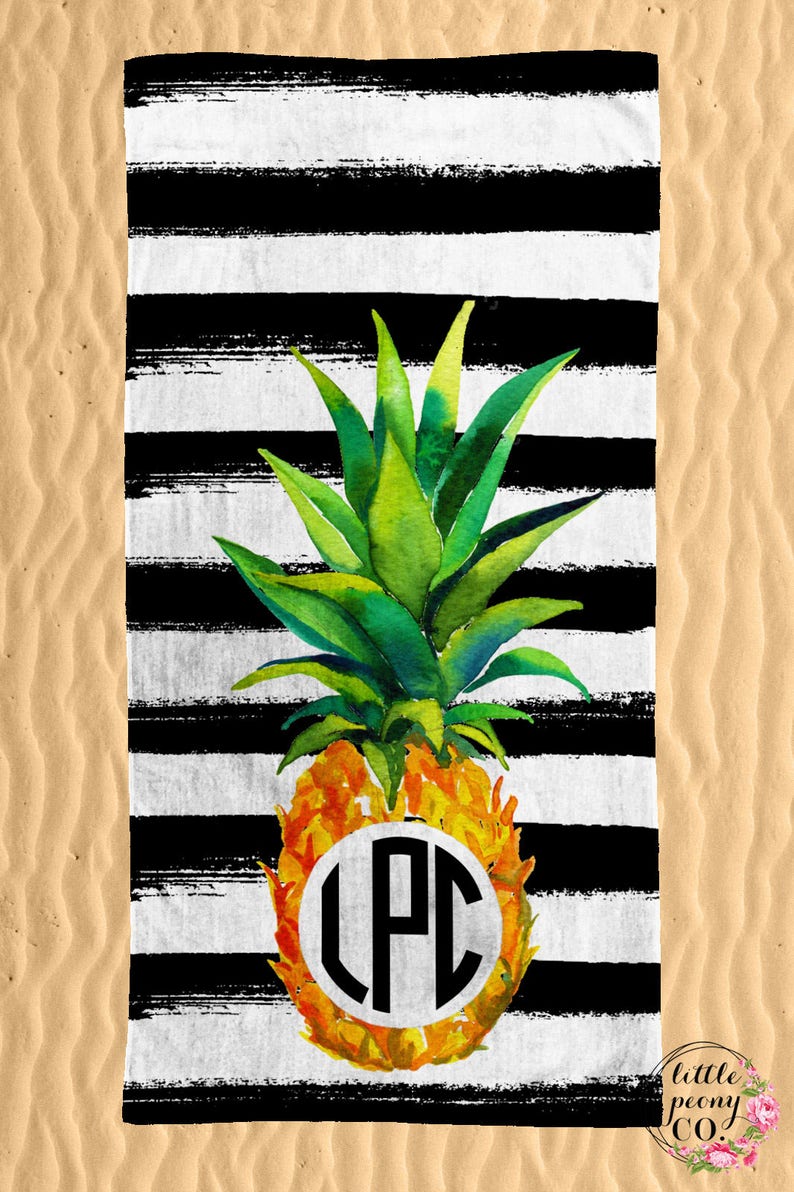 Personalized Pineapple Beach Towel Watercolor Colorful Pineapple Print Monogram 30x60 Beach Towel image 1