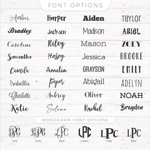 May include: A selection of font styles is presented on a white wooden background. The words "FONT OPTIONS" are at the top. Various names are shown in different fonts, including cursive and block lettering. Monogram font options are also displayed.