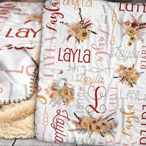 Personalized Blanket - Sherpa Throw Blanket -  Floral Blanket - Boho Floral Blanket - Personalized Name Blanket - Rustic Sunflower -Boho