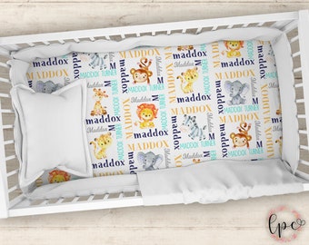 Personalized Crib Sheet - Safari Animals Crib Sheet - Personalized Baby Fitted Crib Sheet - Custom Zebra Lion Monkey Elephant Crib Sheet