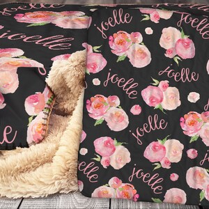Personalized Blanket - Sherpa Throw Blanket -  Floral Blanket - Peony Blanket - Personalized Name Blanket - Baby Blanket - Sherpa