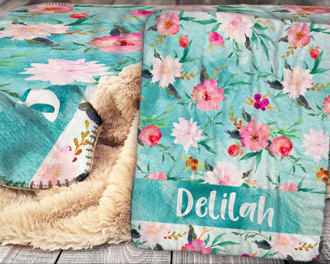 Personalized Blanket Sherpa Throw Blanket Floral Pattern Etsy