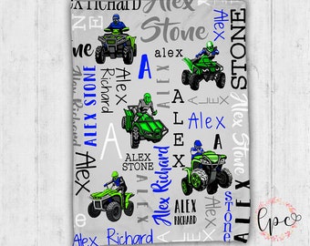 Manta personalizada com nome de bebê - Manta para bebê com quadriciclo 4x4 - Manta para bebê com quadriciclo - Manta personalizada com nome de bebê em formato de ATV de 4 rodas