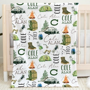 Personalized Camping Blanket - Custom Boys&#39; Camping Blanket - Camping Name Blanket - Personalized Camping Nursery Bedding - Custom Camping