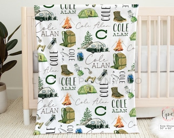 Personalized Camping Blanket - Custom Boys' Camping Blanket - Camping Name Blanket - Personalized Camping Nursery Bedding - Custom Camping