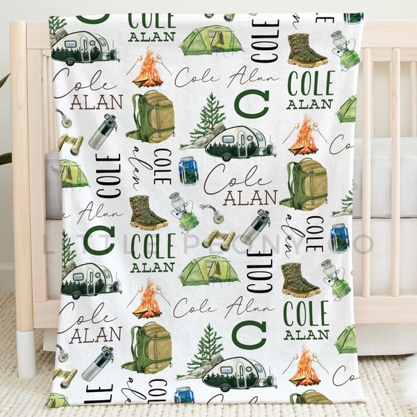 Personalized Camping Blanket - Custom Boys' Camping Blanket - Camping Name Blanket - Personalized Camping Nursery Bedding - Custom Camping