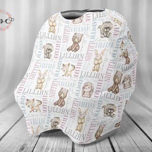 パーソナライズされたカーシートキャノピーカバー - ベビーカーシートカバー - パーソナライズされた授乳カバー - カーシートキャノピーカバー - ウッドランドアニマル - ウッドランド