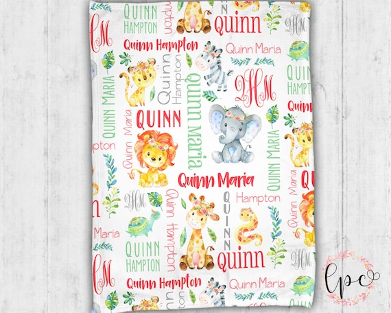 Personalized Jungle Baby Blanket - Personalized Blanket - Throw Blanket -  Floral Jungle Blanket - Name Pattern Blanket - Animal Themed