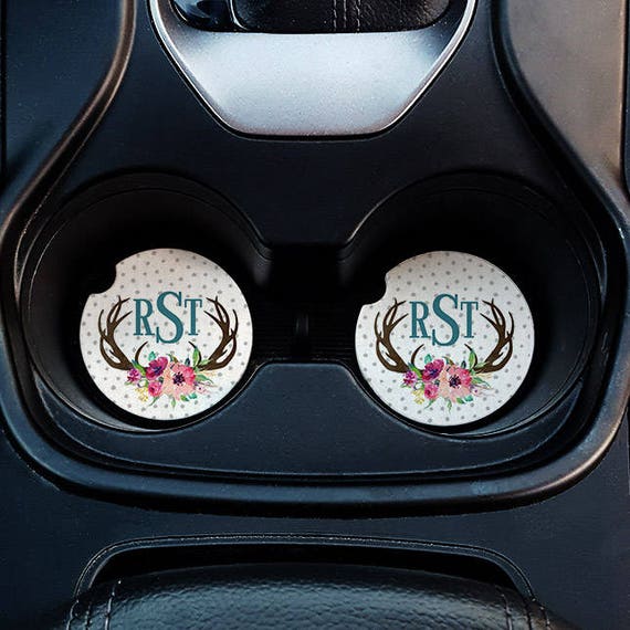 Car Coasters Personalized Car Coasters Floral Antler Car Etsy