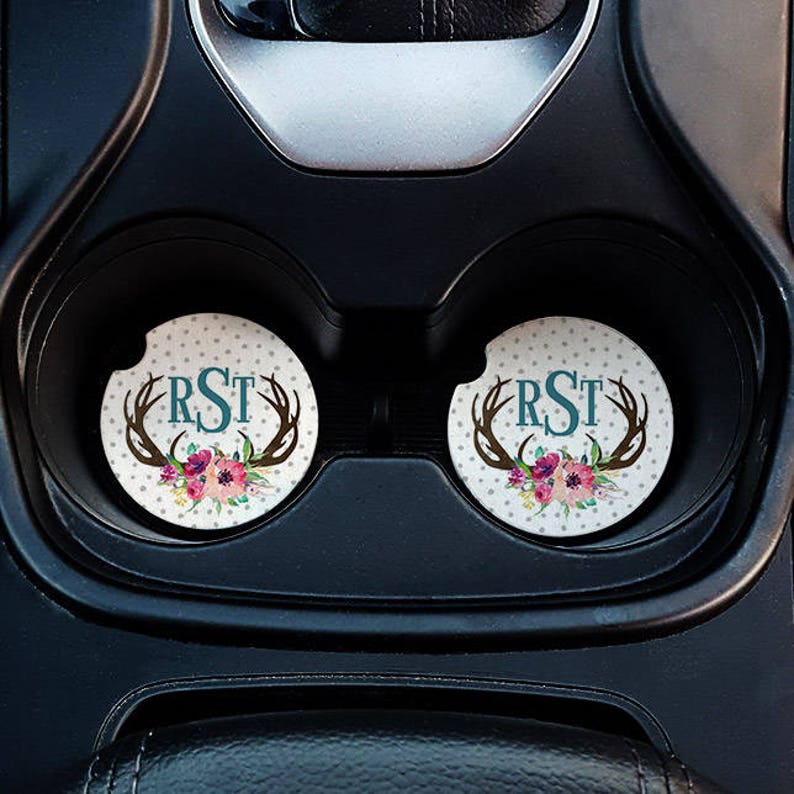 Car Coasters Personalized Car Coasters Floral Antler Car Etsy