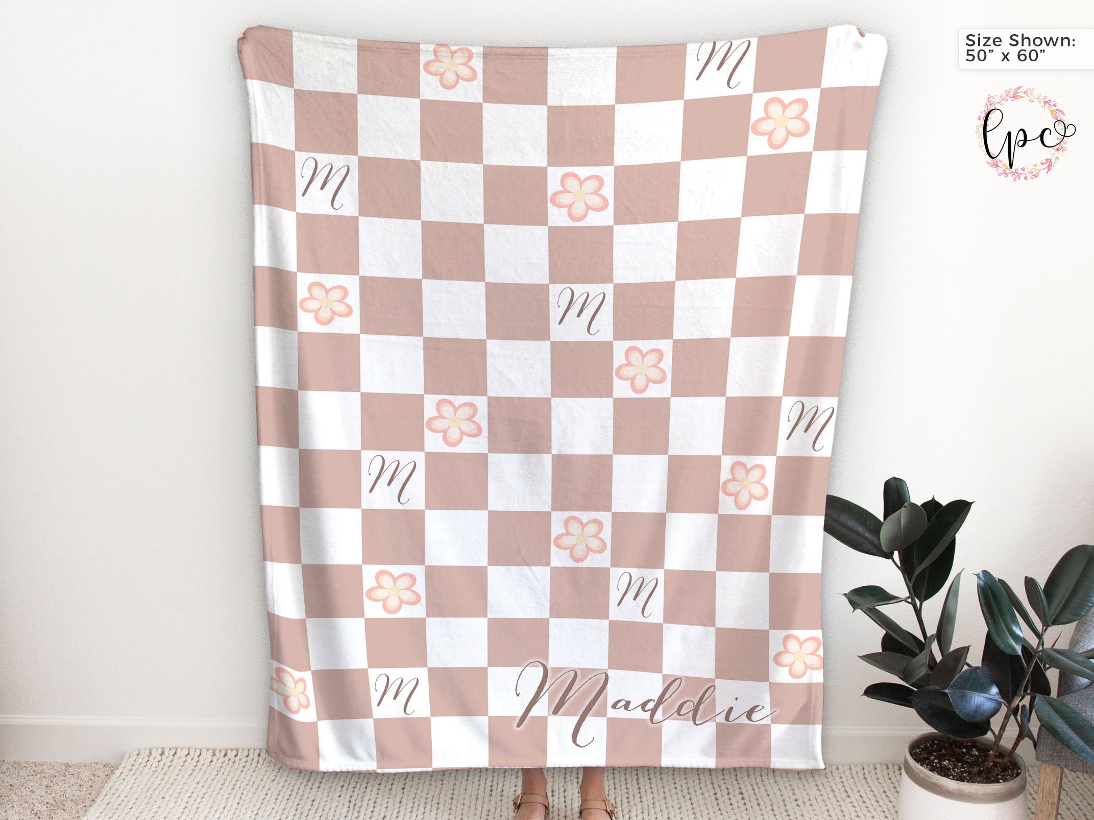 Personalized Checker Blanket Personalized Floral Name 