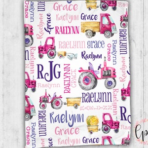 Personalized Baby Blanket - Pink Tractor Personalized Blanket - Pattern Throw Blanket - Personalized Tractor Blanket - Farm Baby Blanket