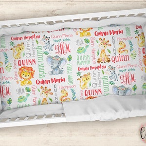 Personalized Crib Sheet - Safari Animal Crib Sheet - Jungle Animals Personalized Baby Fitted Crib Sheet - Lion Giraffe Elephant Crib Sheet