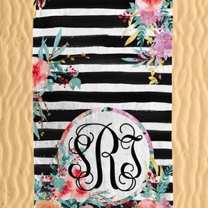 Personalized Floral Contrast Print Beach Towel - Watercolor Floral Print 30x60 Beach Towel - Beach Towel  - Personalized Beach Towel