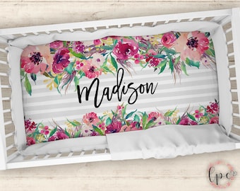 Sábana de cuna personalizada - Sábana de cuna con temática floral - Sábana ajustable personalizada para cuna de bebé - Regalo para baby shower - Personalizada - Sábana de cuna -