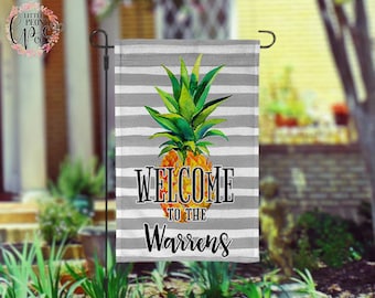 Personalized Pineapple Garden Flag - Black and White Stripe Welcome Pineapple Custom Yard Flag