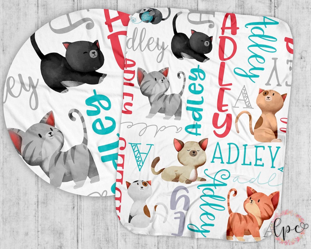 Personalized Kitten Baby Blanket Baby Name Pattern Swaddle Custom Cat