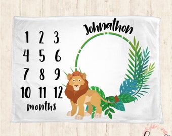Monatliche Meilenstein Decke - Personalisierte Baby Decke - Meilenstein Decke - Löwe Dschungel Babydecke - Minky Babydecke - Babypartygeschenk