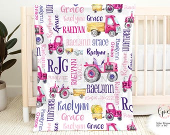 Personalized Tractor Baby Blanket for Girls - Pink Tractor Baby Blanket - Pink Custom Farming Tractor Decor  - Little Farmer Nursery Decor