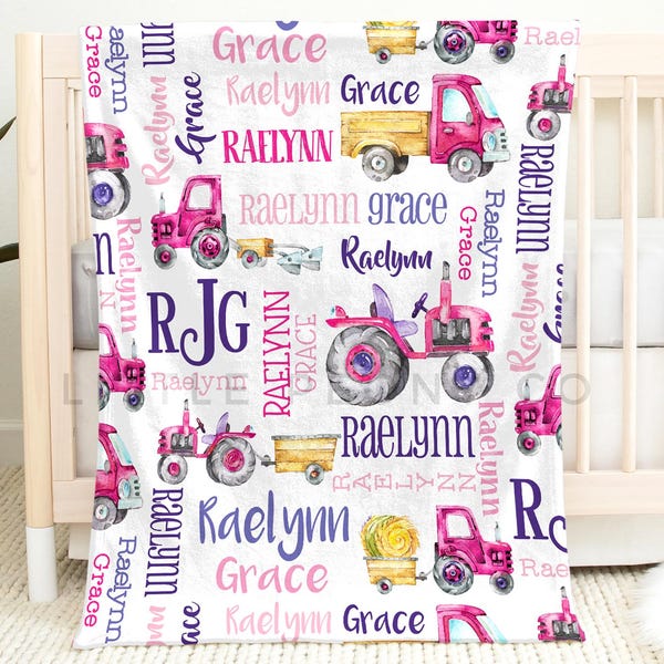 Gepersonaliseerde tractor babydeken voor meisjes - roze babydeken tractor - roze aangepaste landbouwtractor decor - kleine boer kinderkamer inrichting