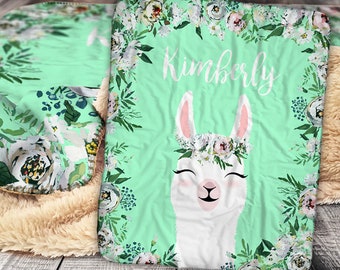 Personalized Llama Blanket Floral Alpaca Llama Face Sherpa