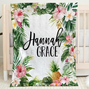 Tropical Florals Baby Blanket - Personalized Tropical Blanket - Palm Hibiscus Baby Blanket - Hawaiian Custom Baby Blanket