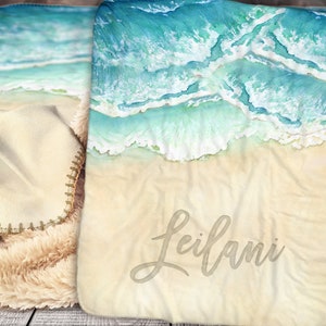 Personalized Ocean Blanket - Sea Waves Sherpa Throw Blanket -  Ocean Blanket - Personalized Sea Name Blanket - Custom Beach Baby Blanket