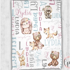 Personalized Woodland Animals Baby Blanket - Personalized Woodland Nursery Blanket - Woodland Creatures Baby Blanket - Fox Bear Baby Blanket