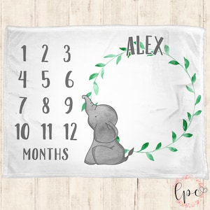 Monatliche Meilenstein-Decke - Personalisierte Baby-Decke - Meilenstein-Decke - Personalisierte Decke - Elefant-Decke - Babydecke, Elefant