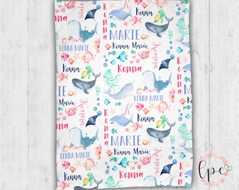 Manta personalizada con animales del océano - Manta de bebé con animales marinos - Manta Minky de océano - Manta personalizada con nombre de ballena - Manta de bebé con ballenas