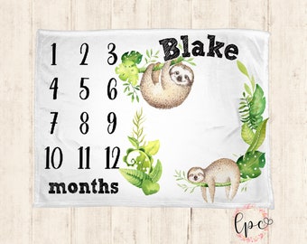 Personalized Sloth Baby Blanket - Milestone Blanket - Personalized Milestone Blanket - Sloth Blanket - Monthly Blanket - Sloth Blanket