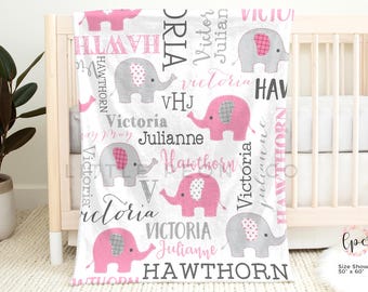 Personalized Elephant Baby Blanket - Pink Elephant Baby Blanket - Elephant Nursery Theme - Custom Elephant Nursery Decor for Girls