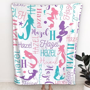Personalized Mermaid Blanket - Custom Girls Mermaid Name Blanket -  Personalized Mermaid Name Blanket for Girls - Custom Mermaid Blanket