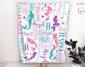 Personalized Mermaid Blanket - Custom Girls Mermaid Name Blanket -  Personalized Mermaid Name Blanket for Girls - Custom Mermaid Blanket