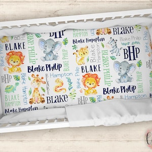 Personalized Crib Sheet - Safari Animal Crib Sheet - Jungle Animals Personalized Baby Fitted Crib Sheet - Lion Giraffe Elephant Crib Sheet