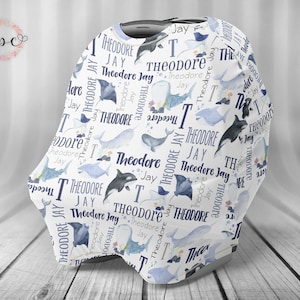 Funda de asiento de coche personalizada - Funda de asiento de coche para bebé - Funda de lactancia personalizada - Funda de asiento de coche - Animales marinos - Funda de coche marina - Ballena - Tiburón