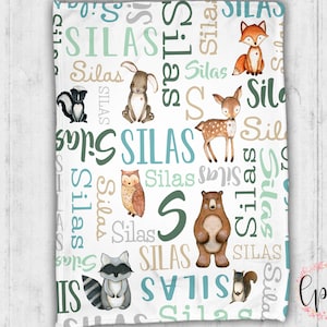 Personalized Woodland Animals Baby Blanket - Personalized Woodland Nursery Blanket - Woodland Creatures Baby Blanket - Fox Bear Baby Blanket