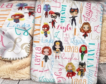 Personalized Super Hero Blanket - Girl Super Hero Sherpa Throw Blanket - Custom Hero Baby Name Blanket - Superhero Personalized Baby Blanket
