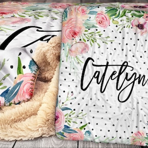 Personalized Floral Blanket - Sherpa Throw Blanket -  Floral Bouquet Name Blanket Gift - Personalized Name Blanket - Baby Blanket