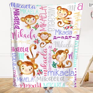 Personalized Monkey Blanket - Personalized Monkey Blanket - Custom Monkey Rainbow Baby Blanket - Personalized Monkey Nursery Decor for Girls