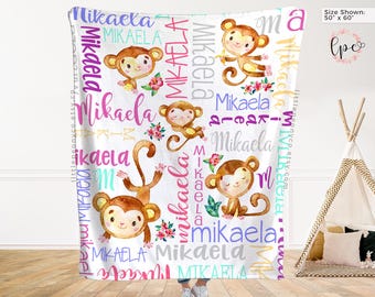 Manta de mono personalizada - Manta de mono personalizada - Manta de bebé arcoíris de mono personalizada - Decoración de guardería de mono personalizada para niñas