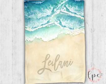 Personalized Beach Blanket - Ocean Waves Minky Throw Blanket -  Ocean Blanket - Personalized Beach Name Blanket - Custom Beach Baby Blanket