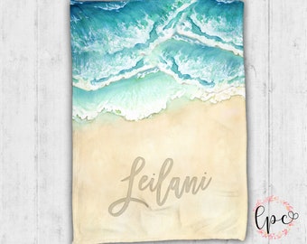 Personalized Beach Blanket - Ocean Waves Minky Throw Blanket -  Ocean Blanket - Personalized Beach Name Blanket - Custom Beach Baby Blanket