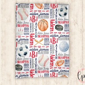 Op de afbeelding: Een witte achtergrond met een herhalend patroon van sportuitrusting en de namen Aiden James en Brampton. De sportuitrusting omvat een honkbal, een basketbal, een voetbal, een golfbal, een hockeypuck, kegels en een voetbal. De namen zijn in rood en blauw geschreven.