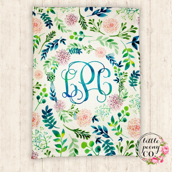 Monogram Personalized Floral Print Blanket - Super Plush Minky Blanket with Watercolor Floral Flower Wreath - 30x40, 50x60, 60x80