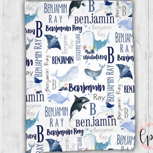 Coperta personalizzata con animali dell&#39;oceano - Coperta per neonati con animali marini - Coperta in minky oceanico - Coperta personalizzata con nome di balena - Coperta per neonati con balene