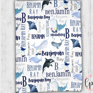 Personalized Ocean Animals Blanket - Sea Animals Baby Blanket - Ocean Minky Blanket- Personalized Whale Name Blanket - Whales Baby Blanket